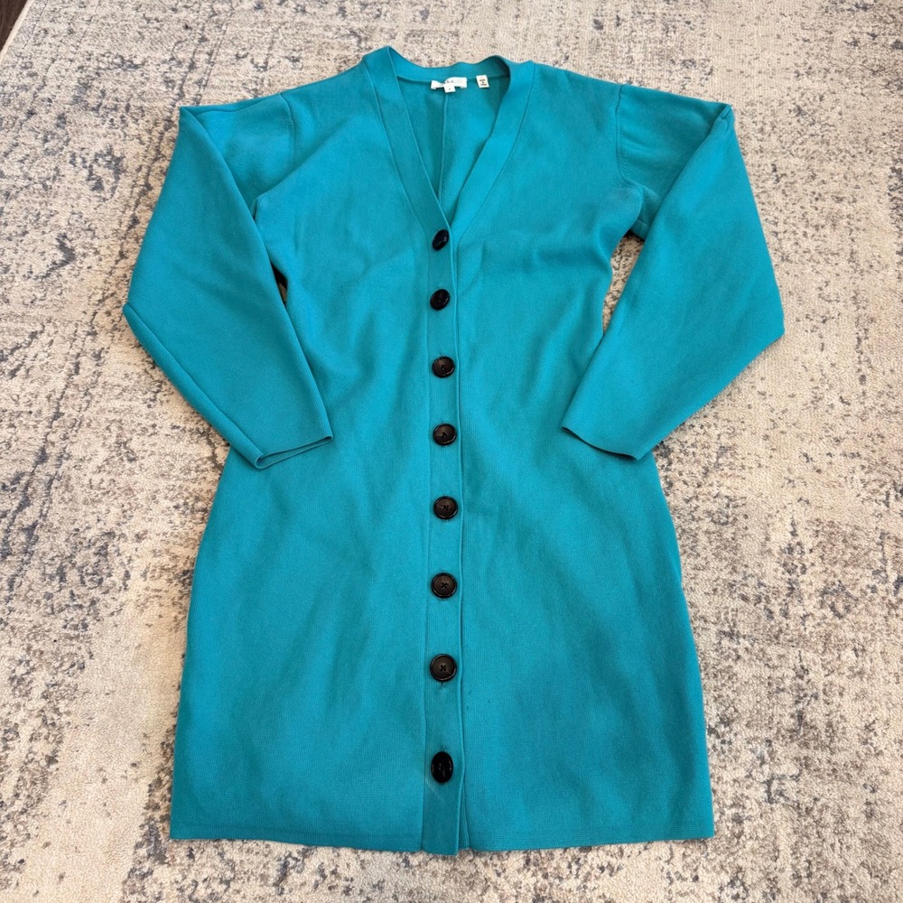 A.L.C. Teal Blue Ribbed Knit V-Neck Button Front Mini Cardigan Dress Size S